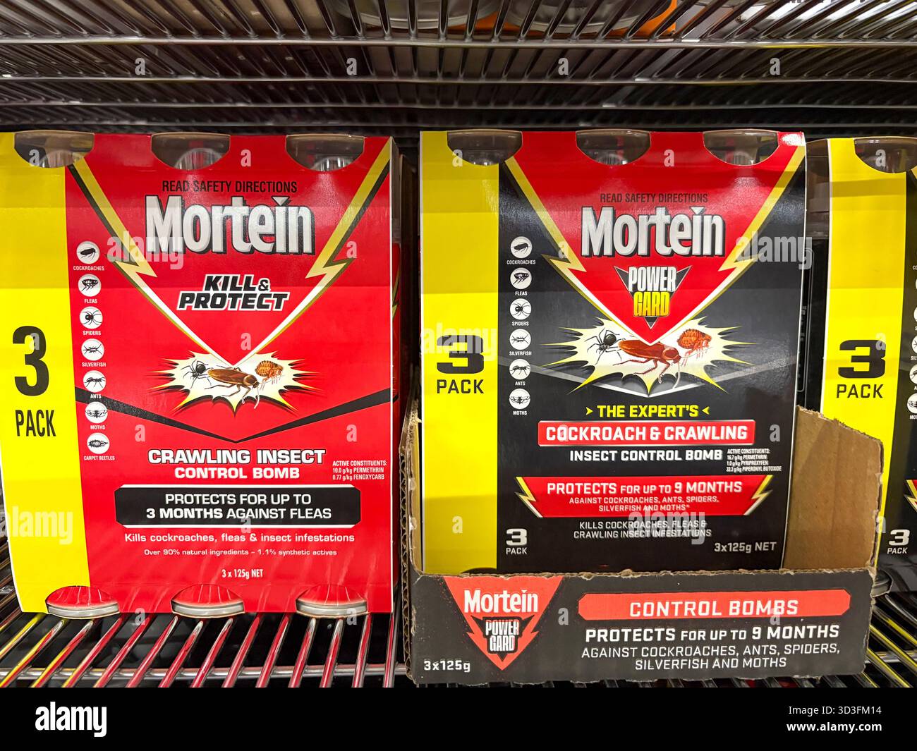 Mortein, power Gard insect repellant, cockroach insect control bombs for sale supermarket shelf, NSW,Australia - Smartphone Captured Stock Image