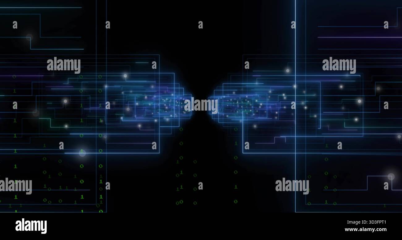 Forming mirrored glowing frames converging toward center in data tunnel, with falling binary digits Stock Photo