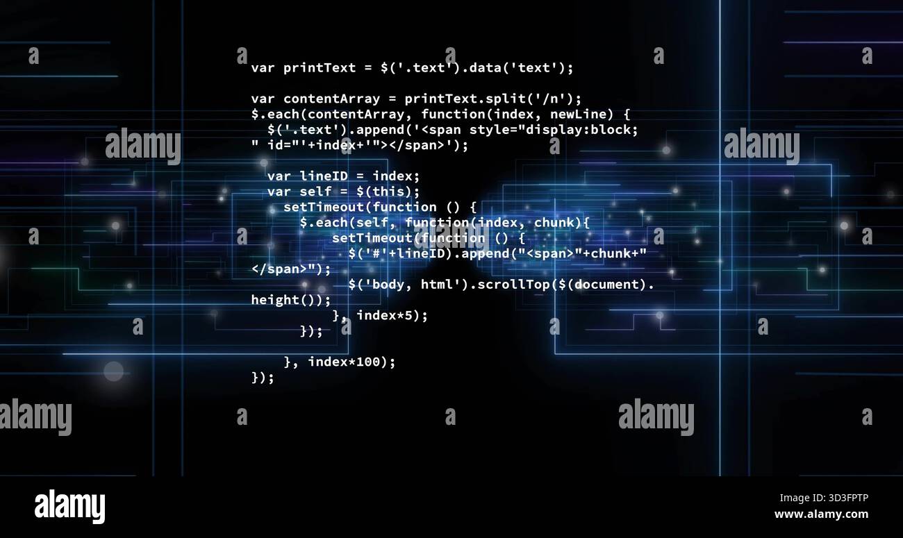Displaying centered monospaced JS or jQuery code block in virtual interface, with neon lines Stock Photo