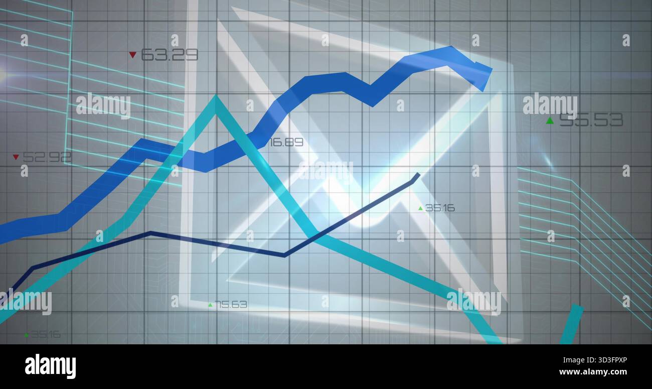 Oscillating financial chart on grid, showing colored trend lines, numeric arrowed labels, 3D shape Stock Photo