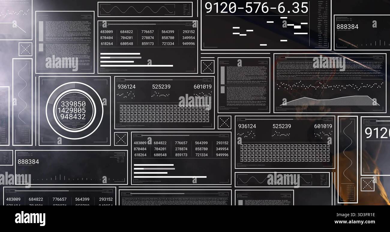 Displaying tiled dark UI panels glowing on control-room display, with circular numeric dial Stock Photo