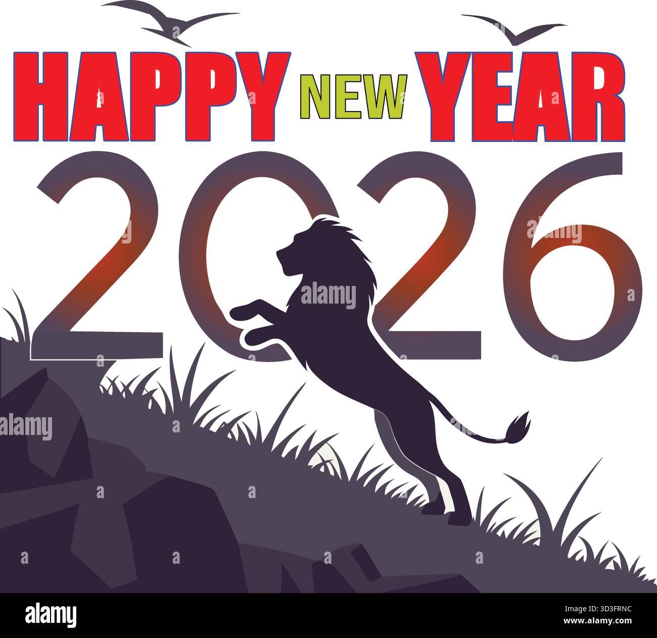 A Festive Graphic For Happy New Year 2026 Featuring A Powerful Lion A Festive Graphic For Happy New Year 2026 Featuring A Powerful Lion Silhouette Birds And Natural Elements Ideal For Greetings Posters And Web Use 3D3FRNC 