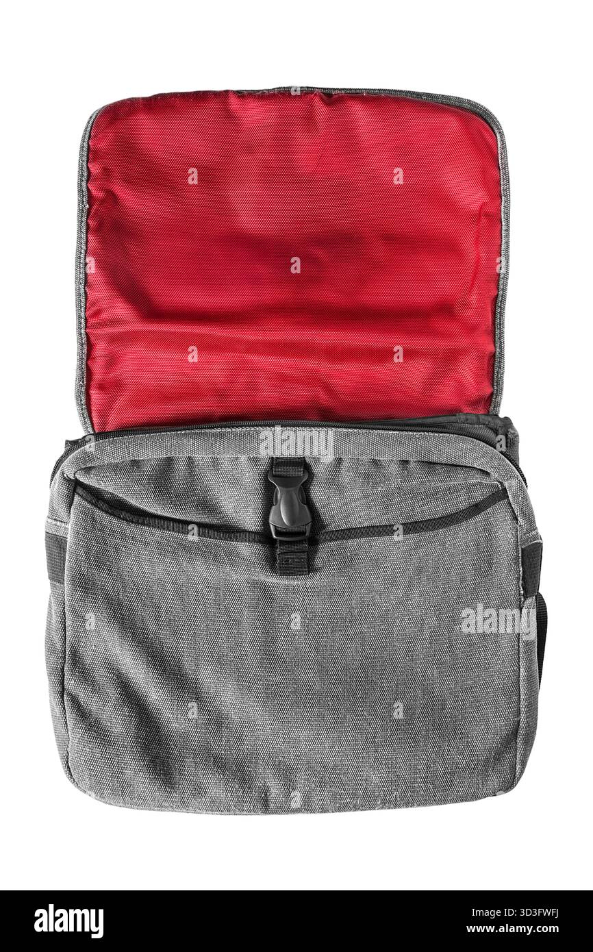 Opened flap canvas bag isolated on white background Stock Photo