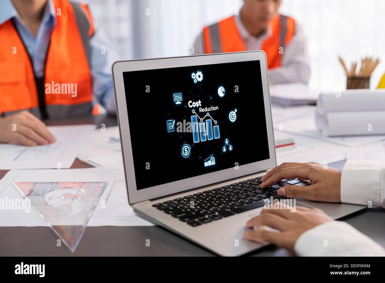 Cost reduction, cost saving concept shown on computer screen brisk, corporate business efficiently save cost and company resources by reduction of Stock Photo