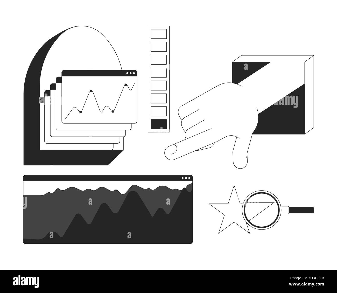 Dashboard elements and data evaluation 2D line objects set Stock Vector