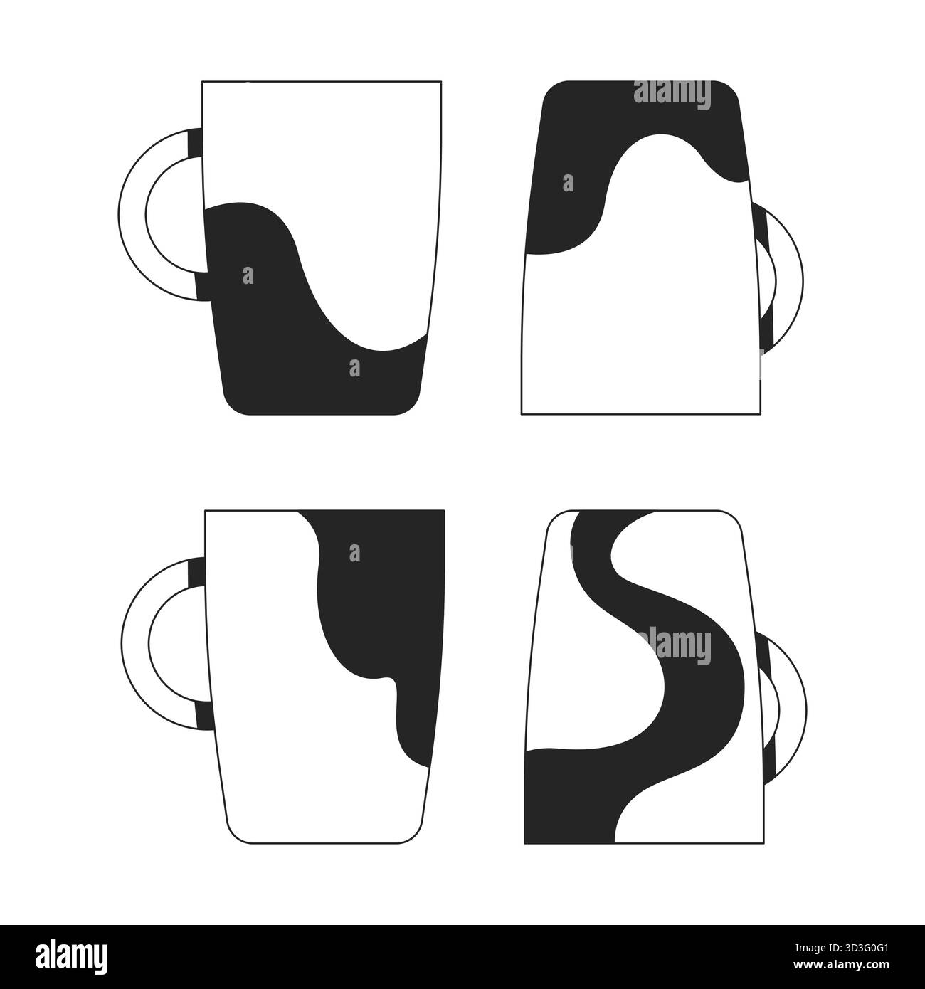 Artistic coffee mugs with abstract patterns 2D line objects set Stock Vector