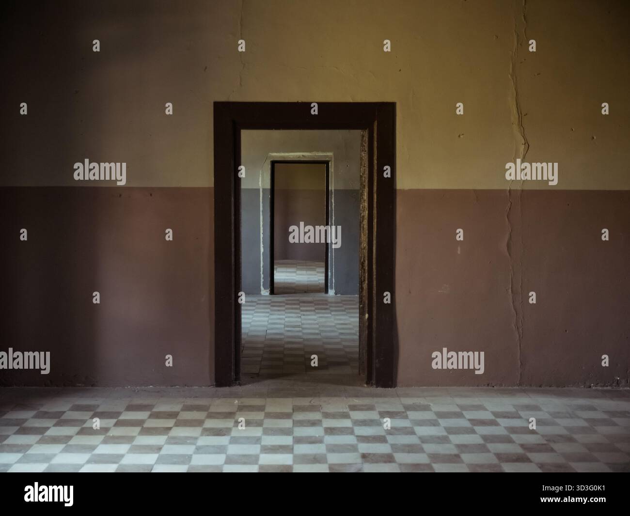 A series of doorways in an abandoned building creates a captivating ...