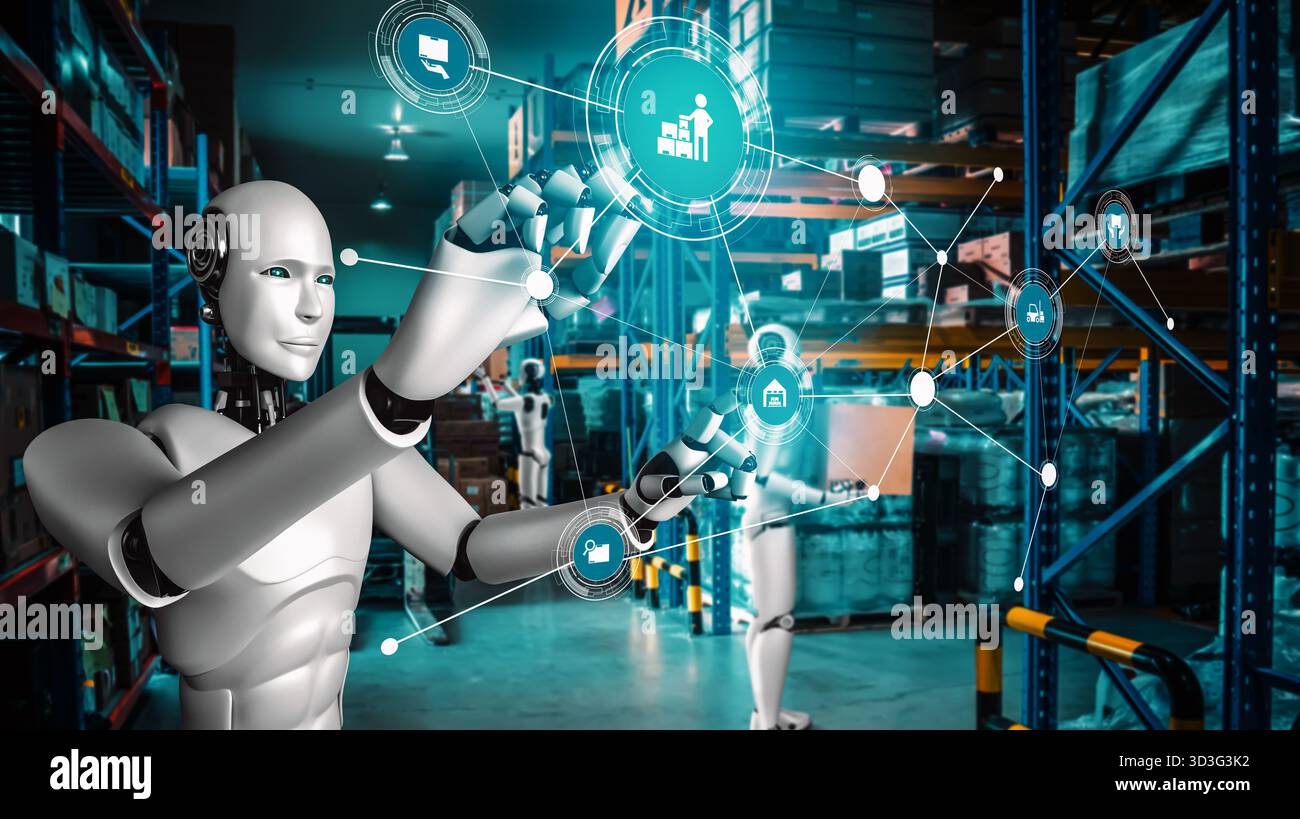 Innovative industry robot working in warehouse for human labor ...