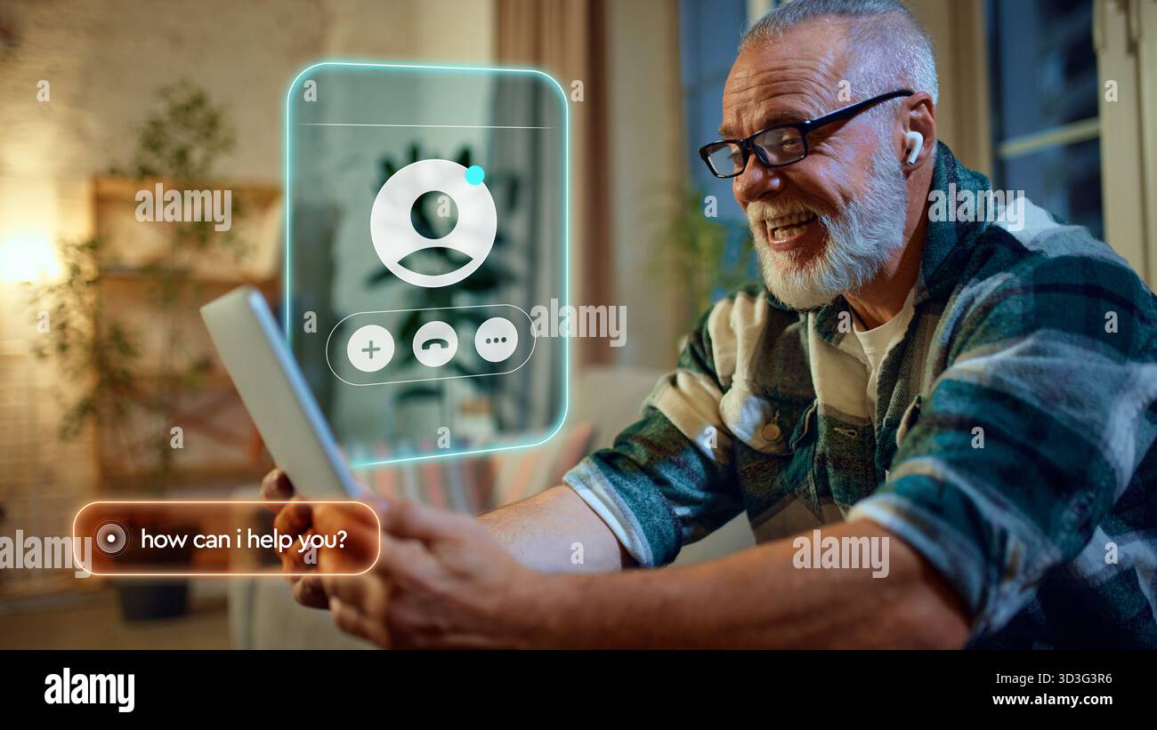 Older man video chatting using AI assistant interface for communication. Graphic collage Stock Photo