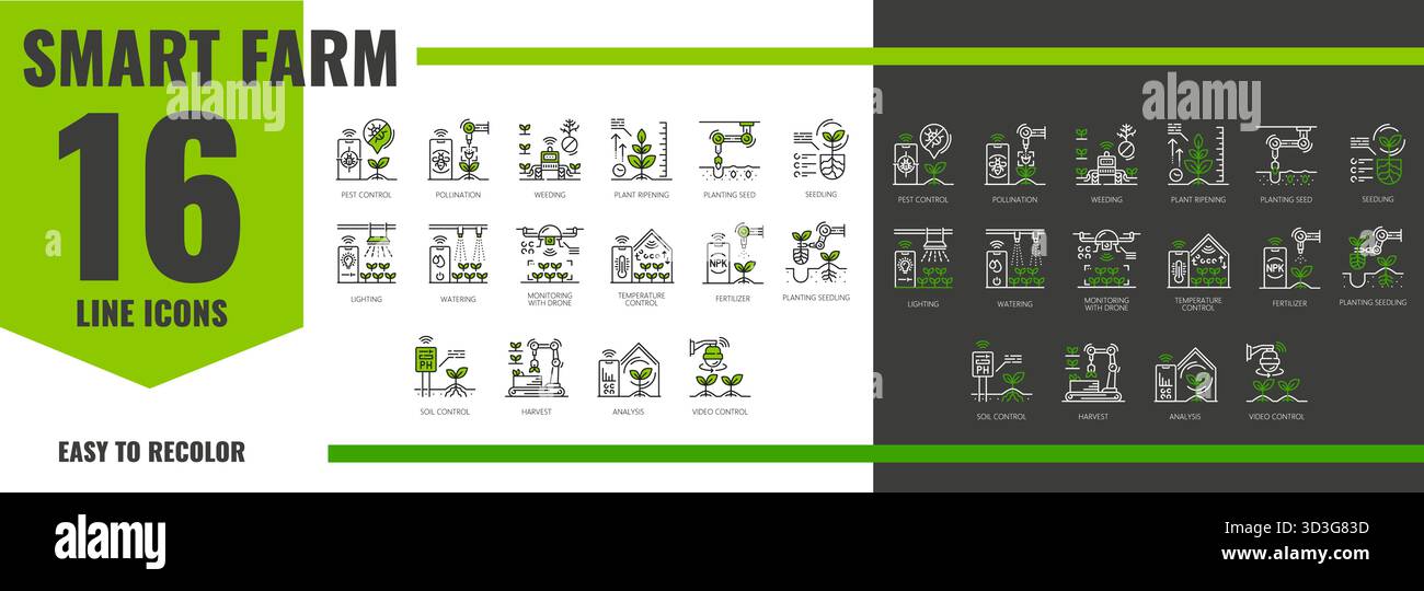 Smart robot farm agriculture technology line icons featuring concepts ...