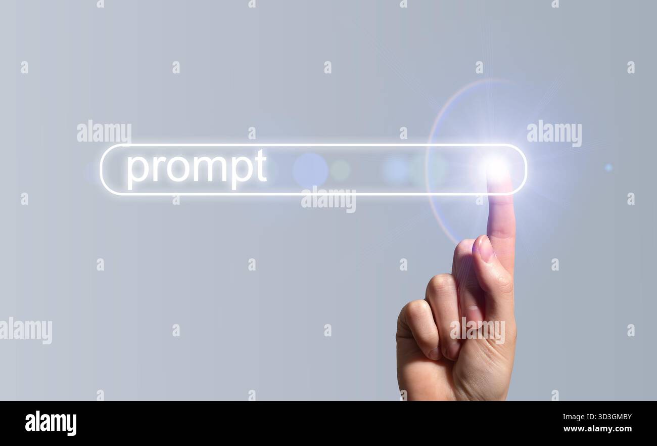 Index finger pointing upward in front view with clean wrist and arm. Close up of female hand pressing touchscreen button indicating selection and comm Stock Photo