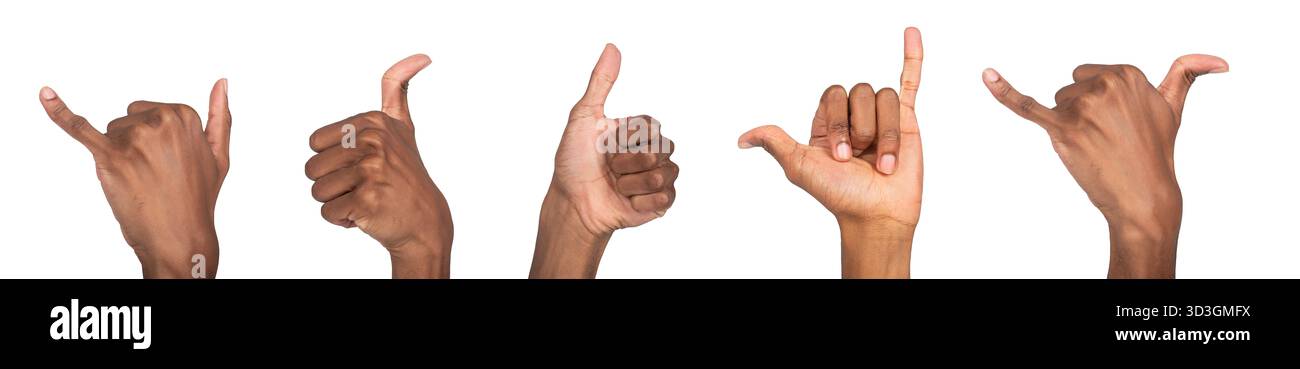 Shaka hand gesture. Dark-skinned male showing thumb and pinky raised in ...