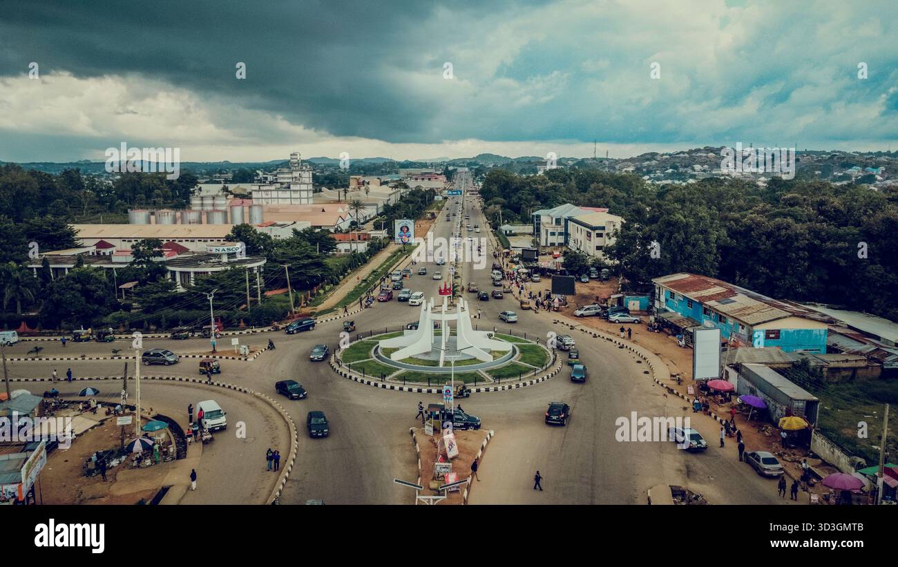 Jos State Aerial view of a bustling roundabout with the prominent 'Plateau State ...