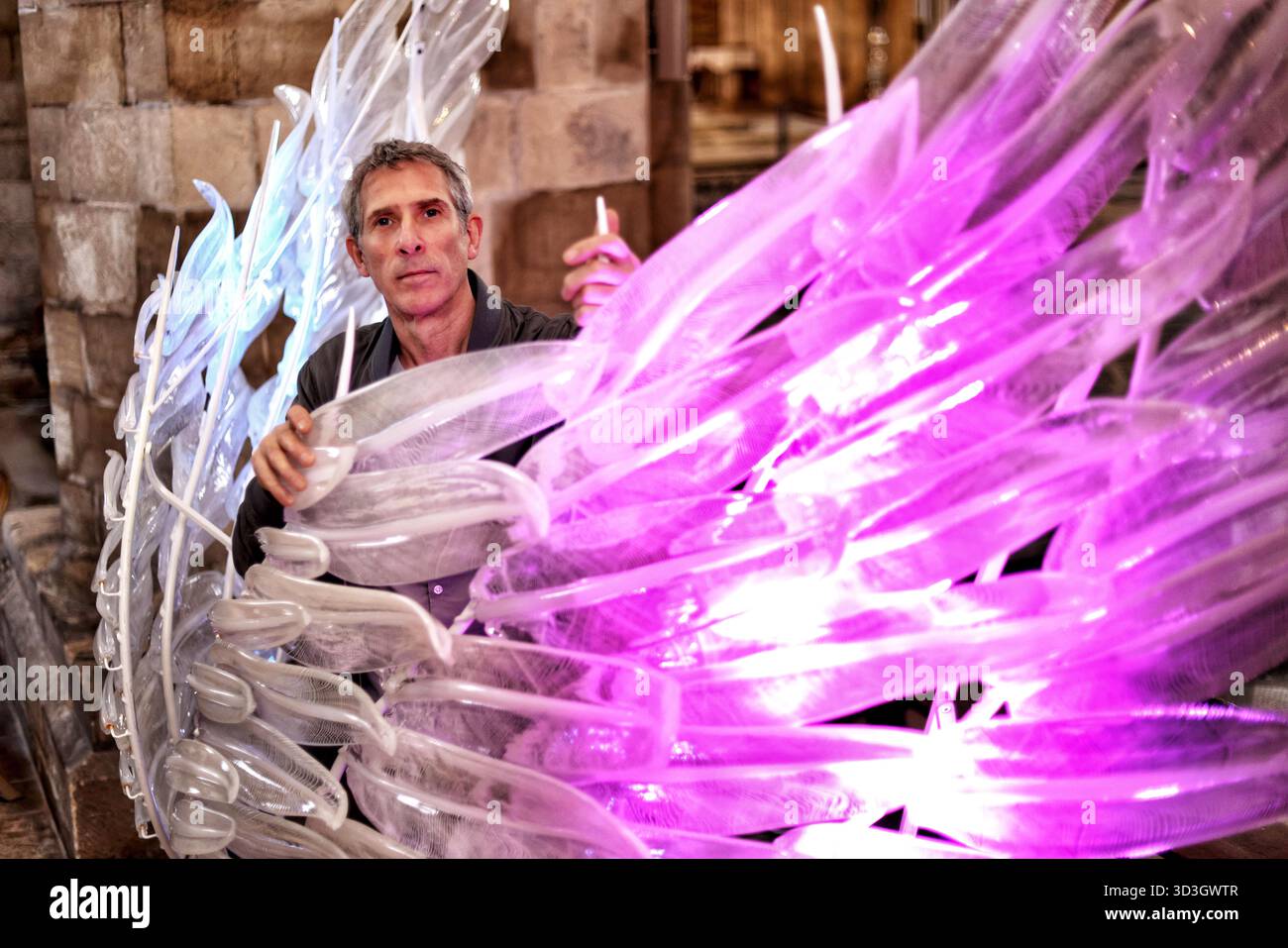 A striking glass wing sculpture, 'Solace' has gone on display at Peterborough Cathedral. Created by artist Layne Rowe (pictured), and standing at 10 feet high, Solace is a pair of shimmering glass wings, symbolising freedom, fragility, strength, and protection. Created from more than 100 individually hot-sculpted glass feathers, each feather features fine white canework to evoke the light, flowing nature of real wings. The iron framework and subtle lighting bring the piece to life, casting an ethereal glow. 'Solace' glass wing sculpture at Peterborough Cathedral, Peterborough, Cambridgeshire, Stock Photo