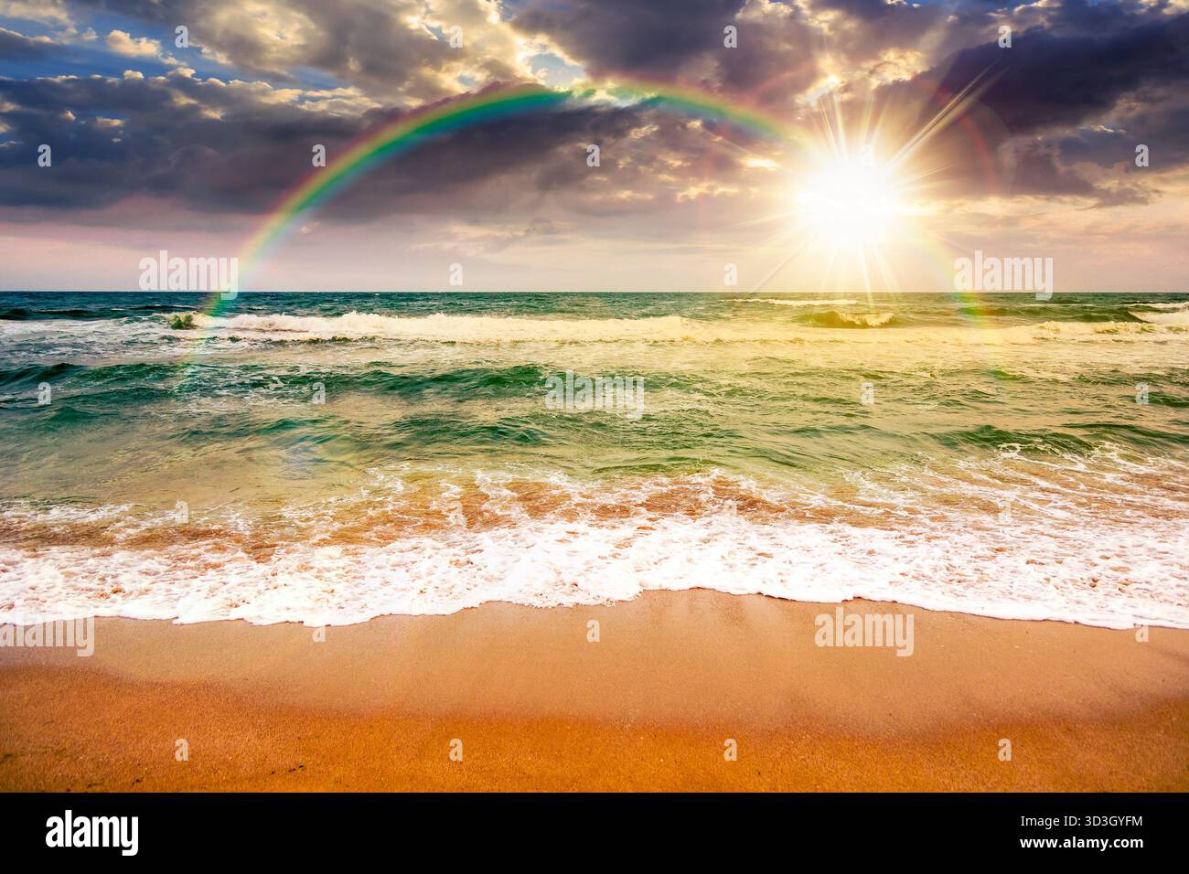 black sea waves crashing sandy beach at sunset. summer vacation on a windy weather under cloudy sky in evening light. view of dramatic seascape. story Stock Photo