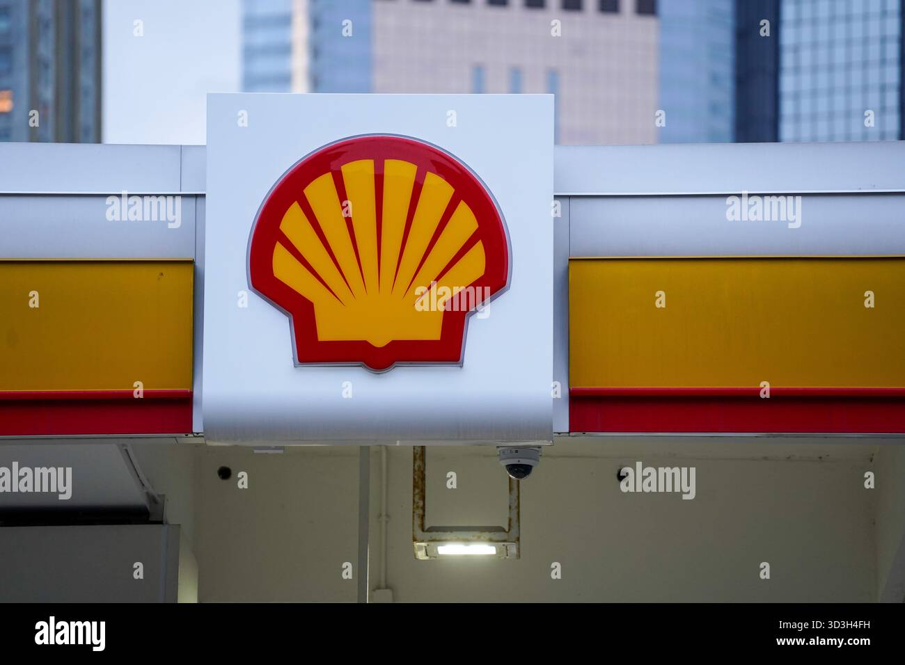 A Shell logo at a shell gas station on November 6, 2025 in Hong Kong ...