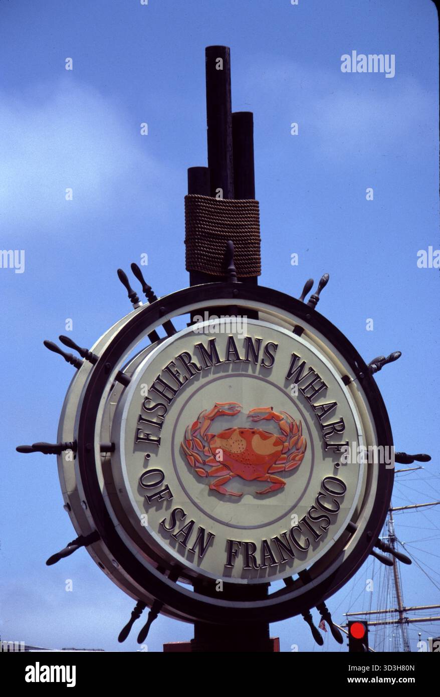 San Francisco CA USA. 12/1987. Iconic FISHERMAN'S WHARF sign greets ...
