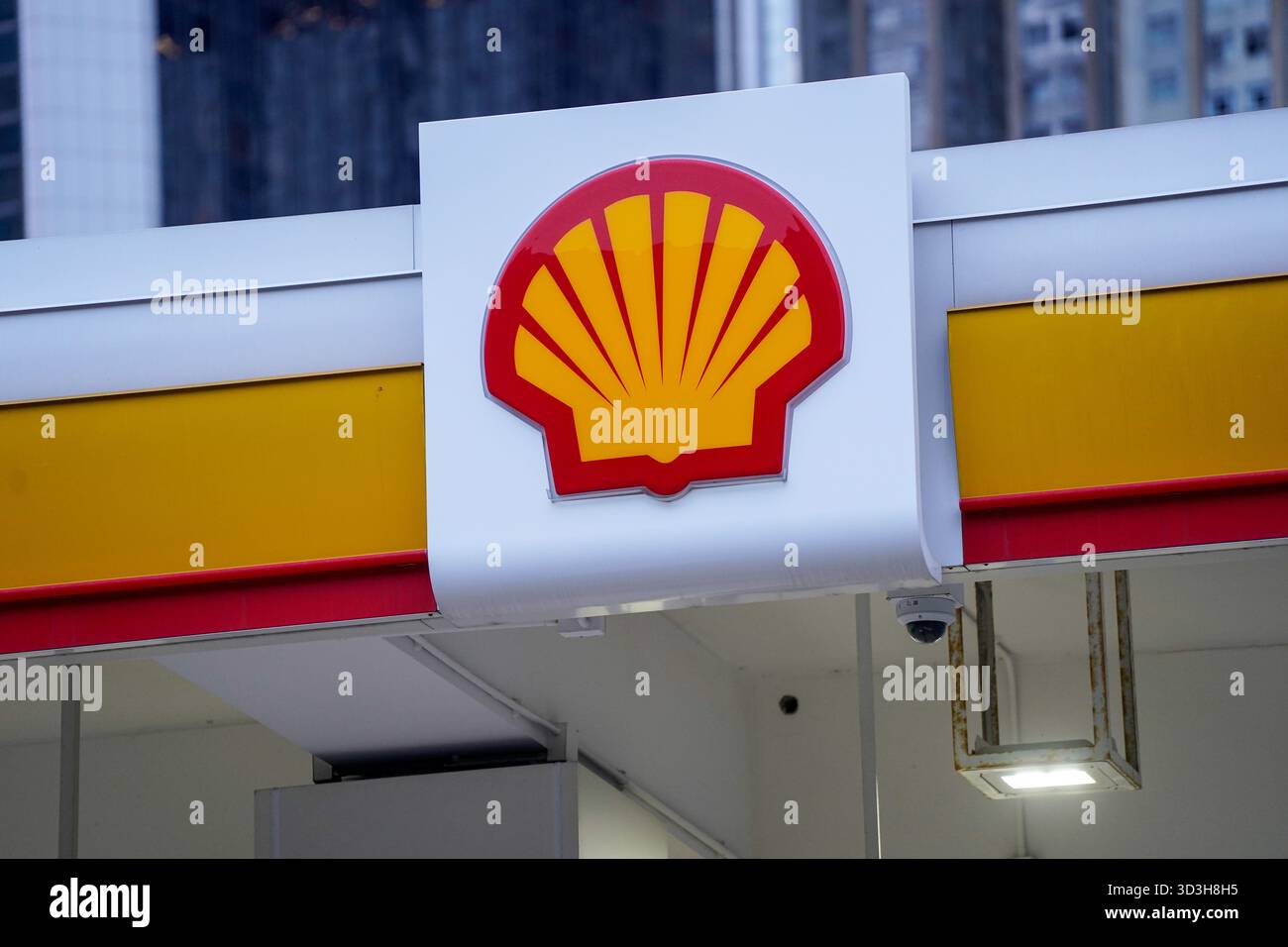 A Shell logo at a shell gas station on November 6, 2025 in Hong Kong ...