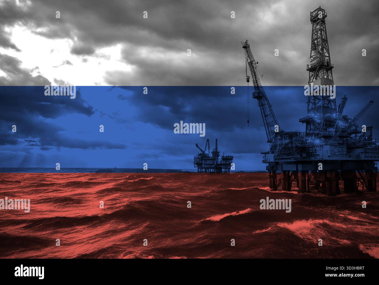Natural Gas drilling rig with Russian flag overlay symbolising natural ...