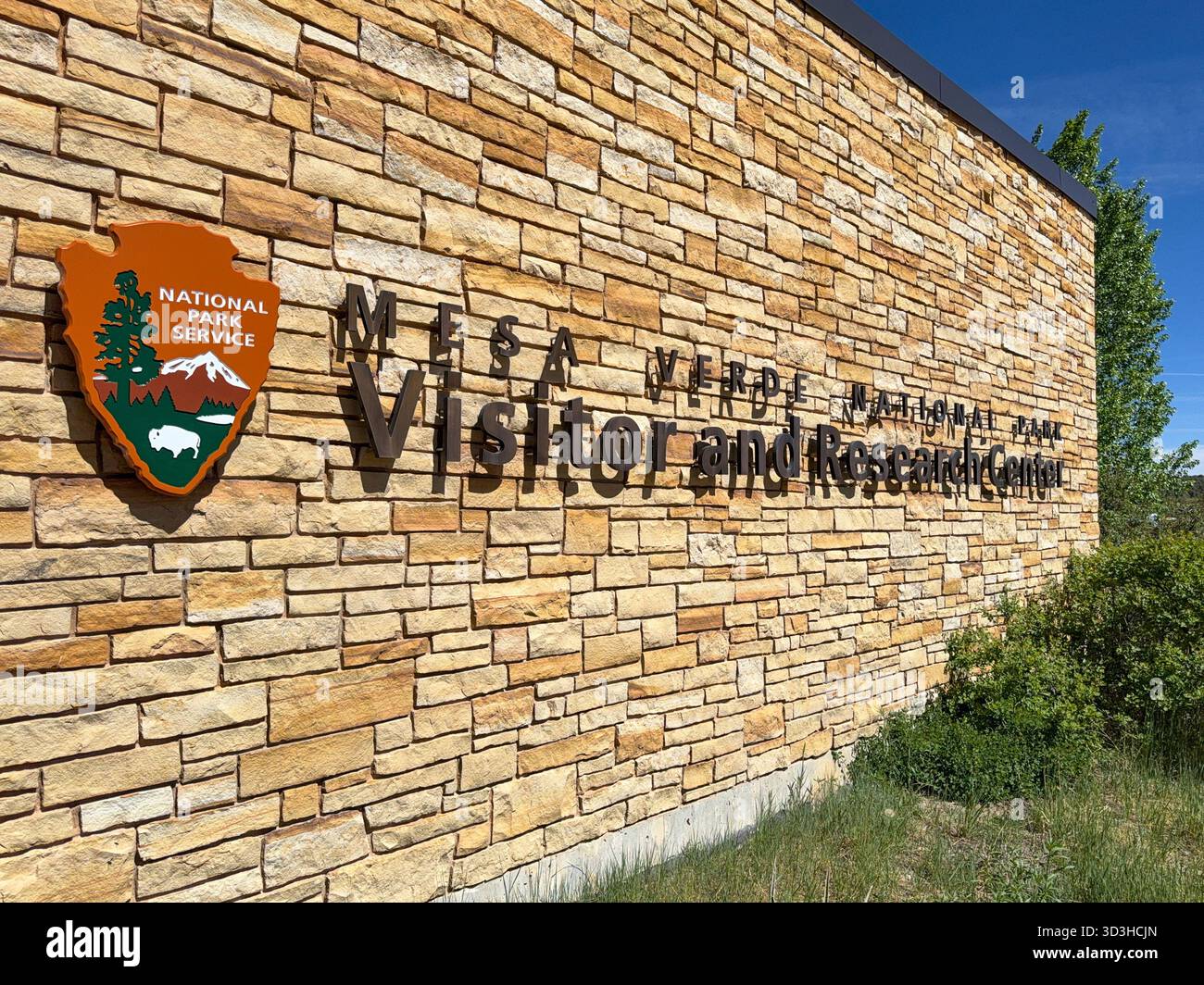 Montezuma County, Colorado, USA - 24 May 2025: Sign on the outside of the Mesa Verde Visitor and Research Center - Smartphone Captured Stock Image