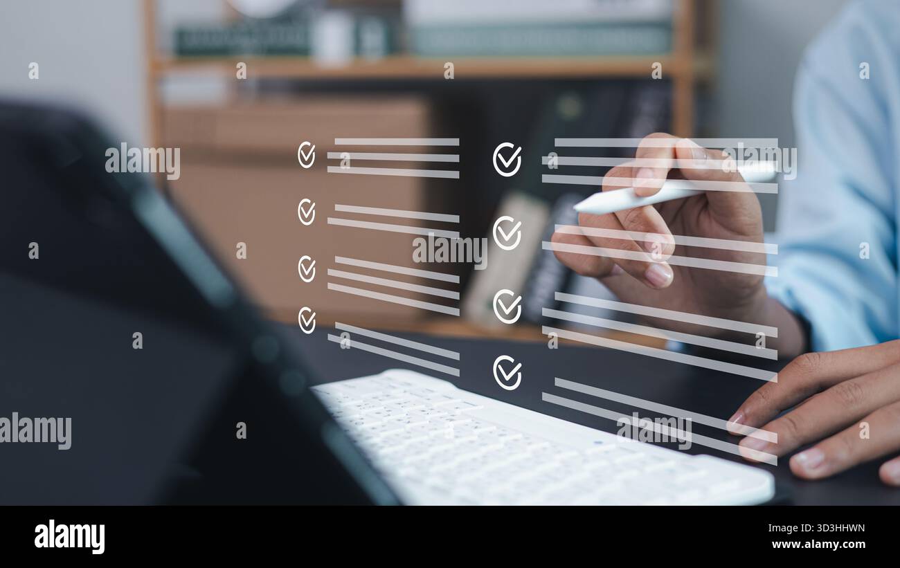 Person using stylus and digital checklist interface on computer ...