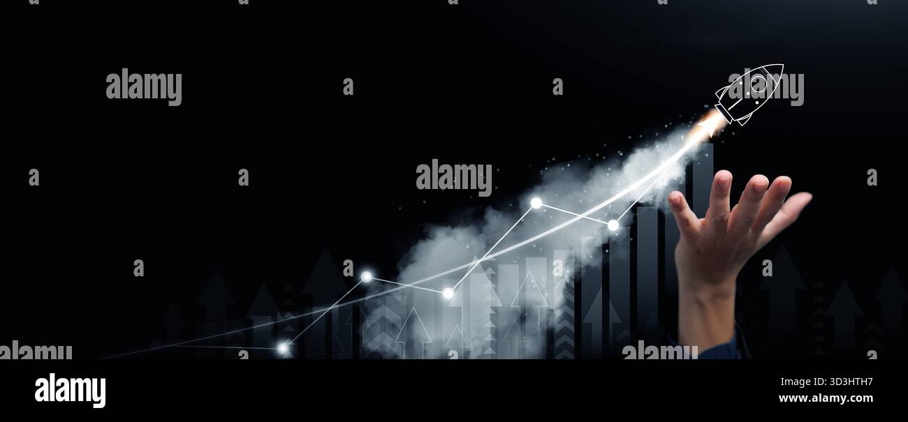 A hand support and launch a rocket, startup, with bar chart, rising arrow, and increasing line. growth, grow, growing finance, success, Entrepreneursh Stock Photo