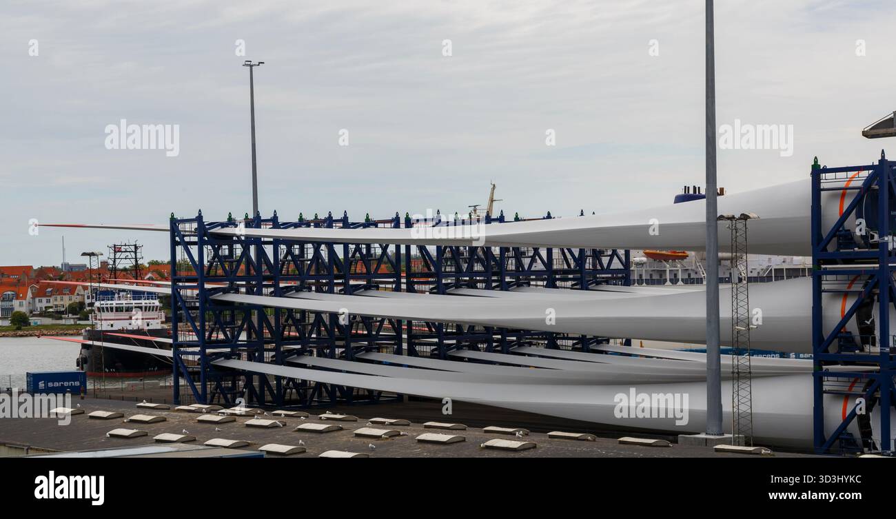 wind turbine blades in racks on the docks Ronne, Bornholm Island ...