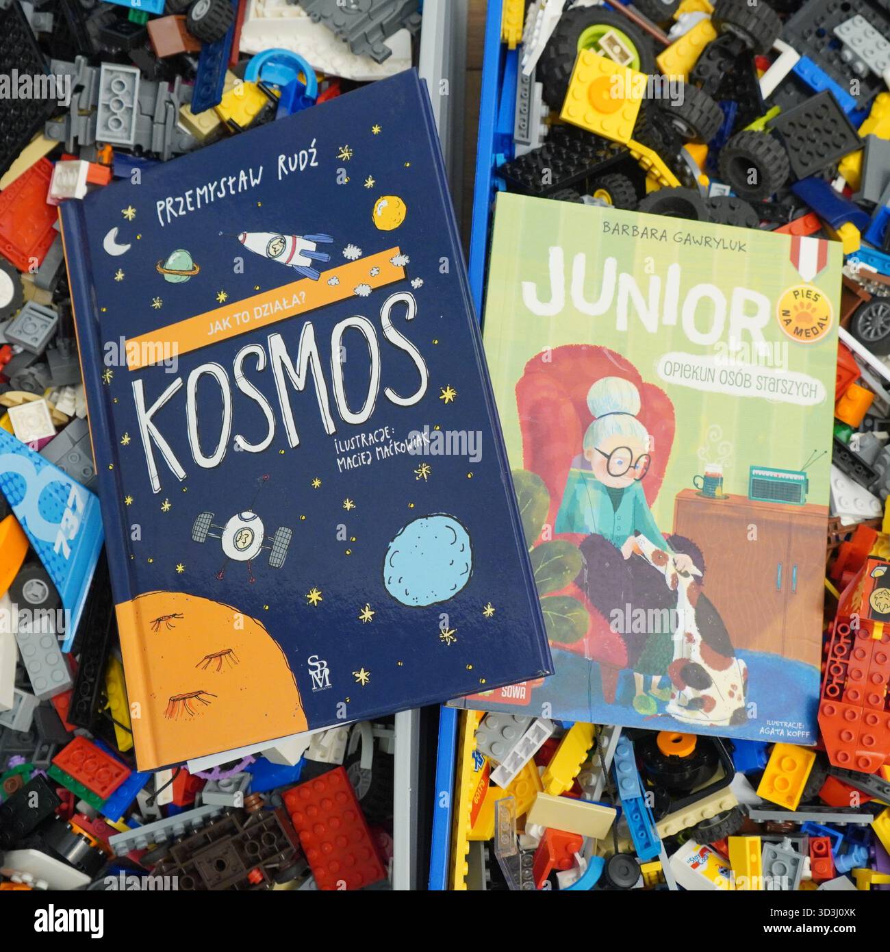 A book laying on Lego bricks Stock Photo