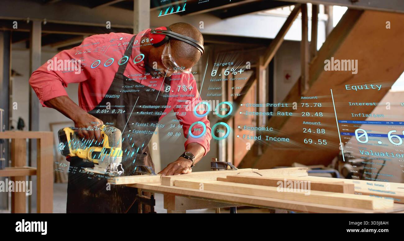 Carpenter wearing safety gear cutting wooden plank with circular saw in ...