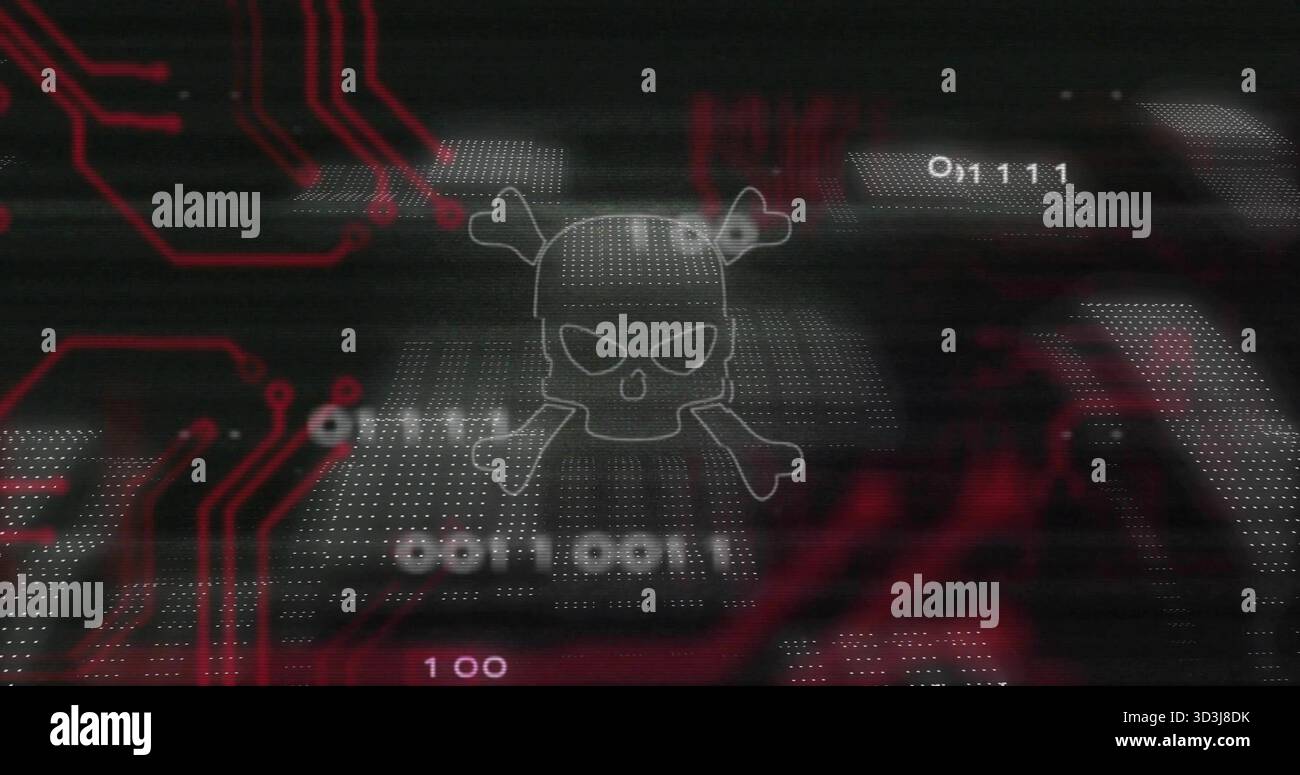 Glowing skull crossbones hovering over dotted grid, displaying red PCB traces, binary, scanlines Stock Photo