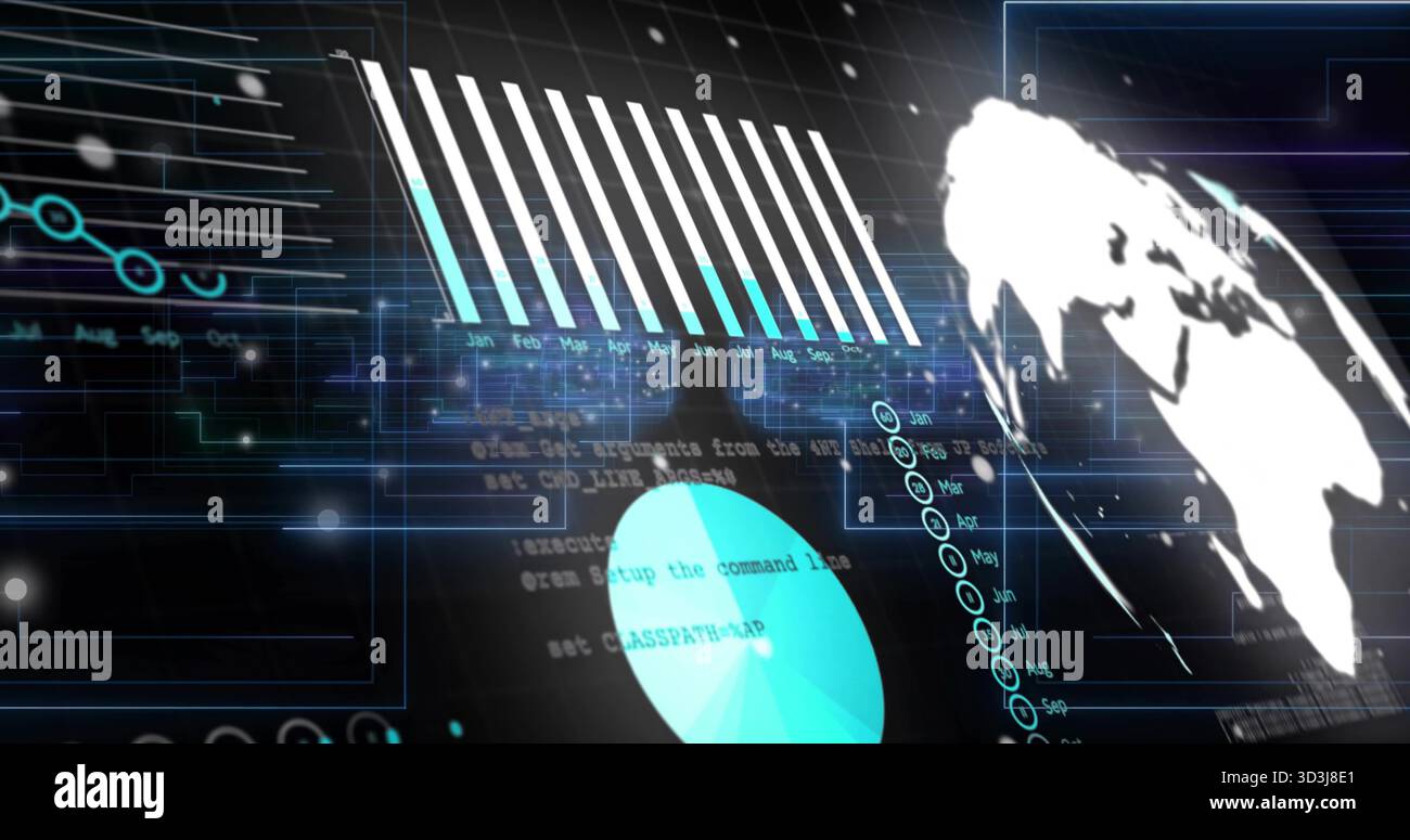 Projecting analytics dashboard on dark backdrop, showing month bars, globe, HUD frames, code Stock Photo