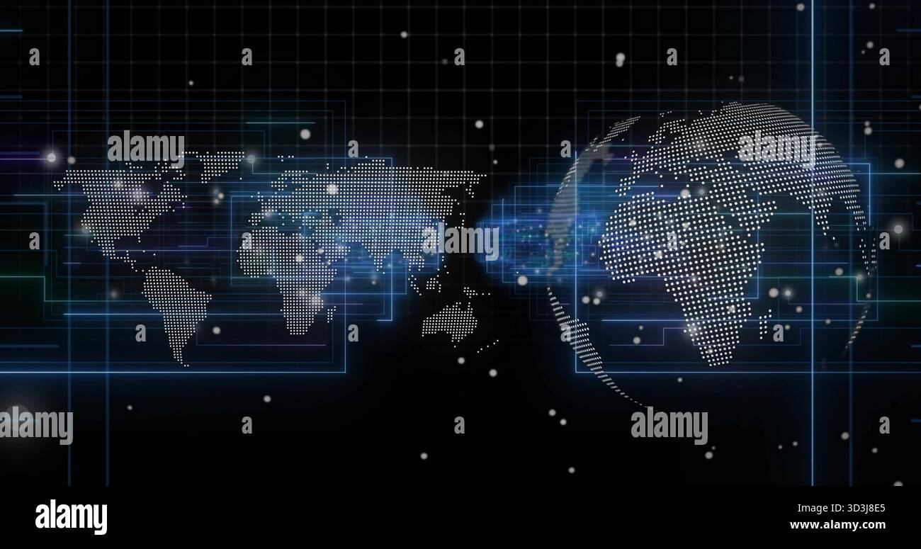 Displaying dotted flat world map and dotted 3D globe linking across virtual interface, neon grid Stock Photo