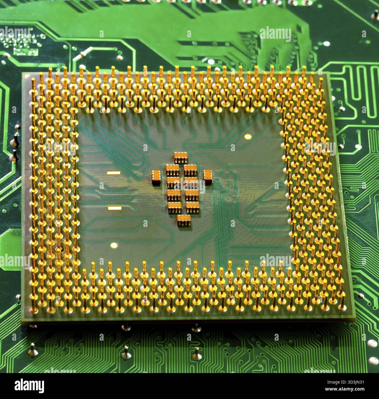 Macro Close up of microchips and pins on Main CPU PC processor circuit board Stock Photo