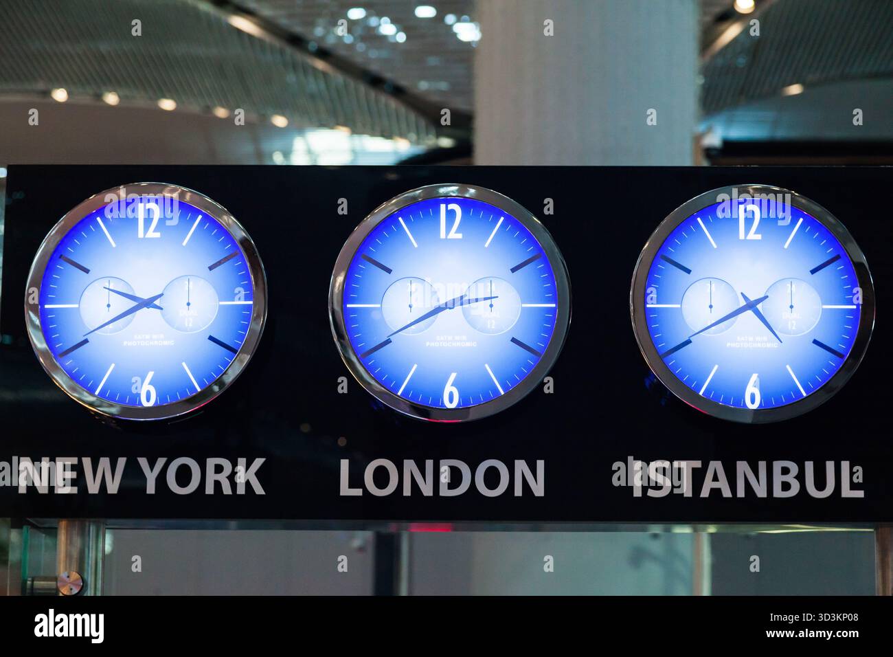 Clocks in the airport building showing world time in different time ...