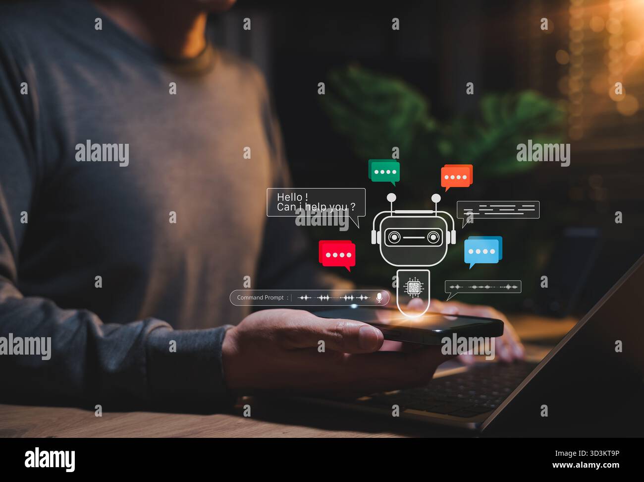 AI Chatbot Concept. Person using smartphone with virtual chat assistant, artificial intelligence technology, online customer support automation, Stock Photo