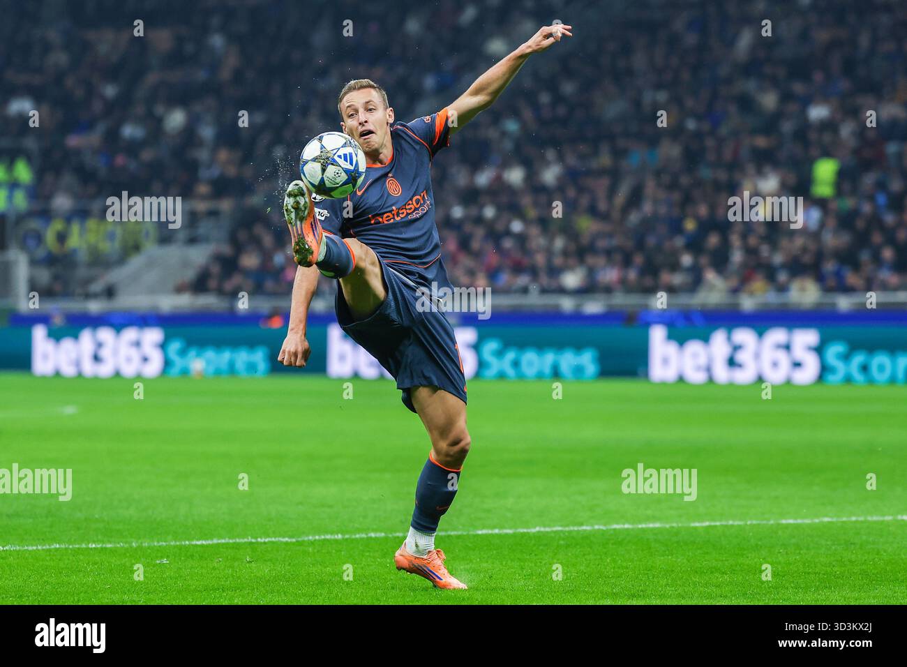 Davide Frattesi of FC Internazionale seen in action during UEFA Champions League 2025/26 League Phase - Matchday 4 football match between FC Internazionale and FC Kairat Almaty at San Siro Stadium. Final scores; FC Internazionale  2 : 1 FC Kairat Almaty. Stock Photo