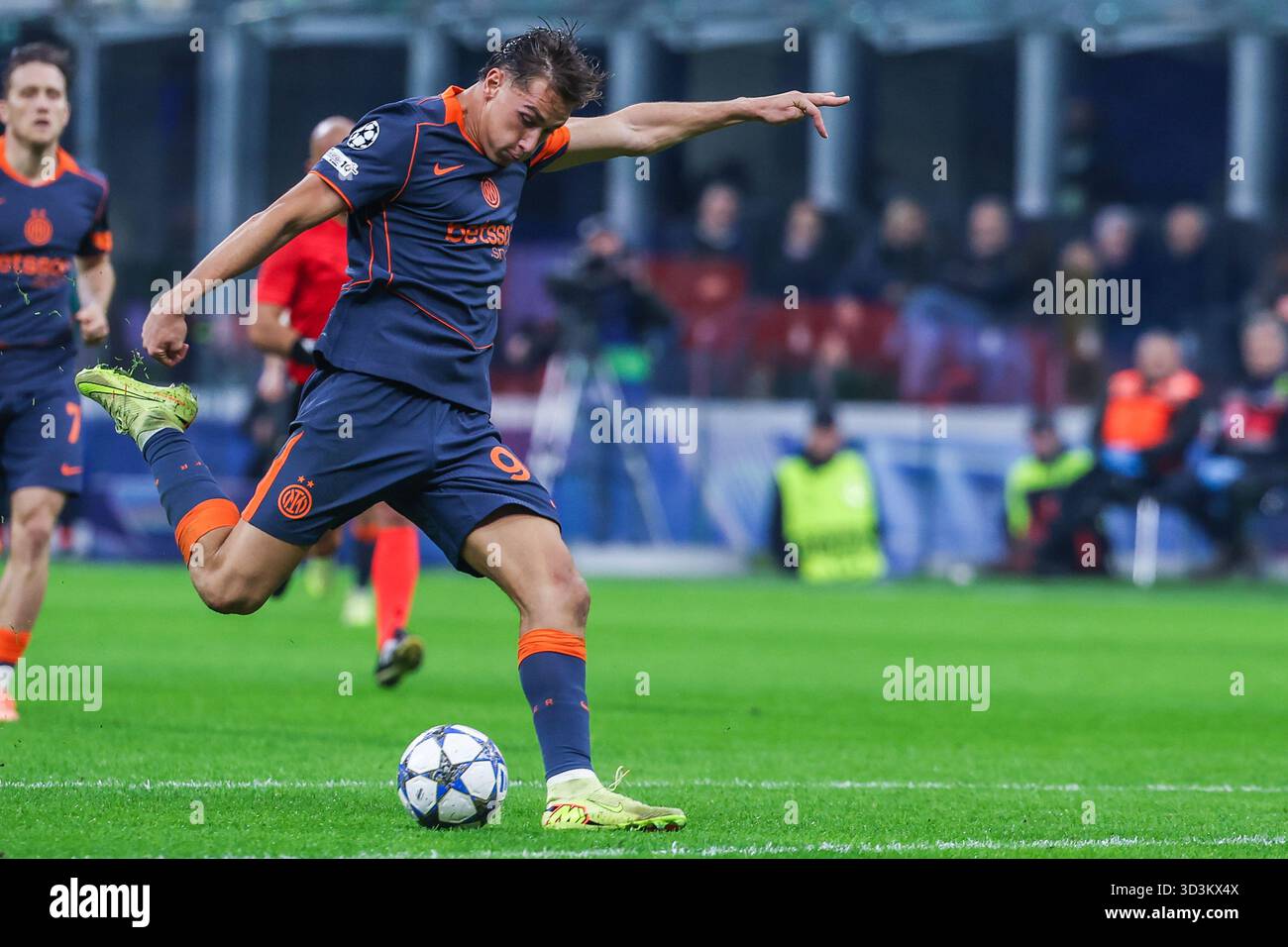 Francesco Esposito of FC Internazionale seen in action during UEFA Champions League 2025/26 League Phase - Matchday 4 football match between FC Internazionale and FC Kairat Almaty at San Siro Stadium. Final scores; FC Internazionale  2 : 1 FC Kairat Almaty. Stock Photo