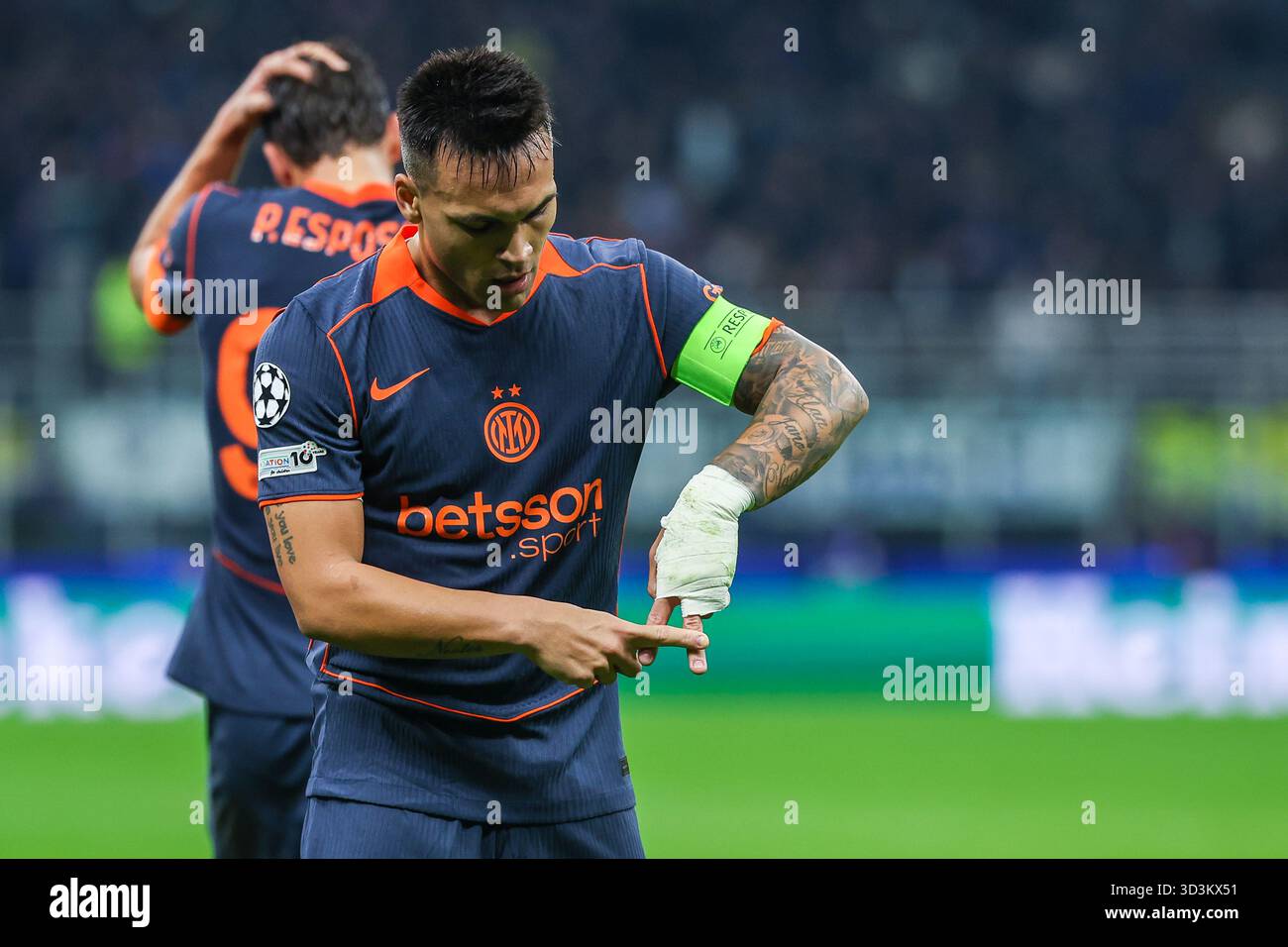Lautaro Martinez of FC Internazionale celebrates after scoring a goal during UEFA Champions League 2025/26 League Phase - Matchday 4 football match between FC Internazionale and FC Kairat Almaty at San Siro Stadium. Final scores; FC Internazionale  2 : 1 FC Kairat Almaty. Stock Photo