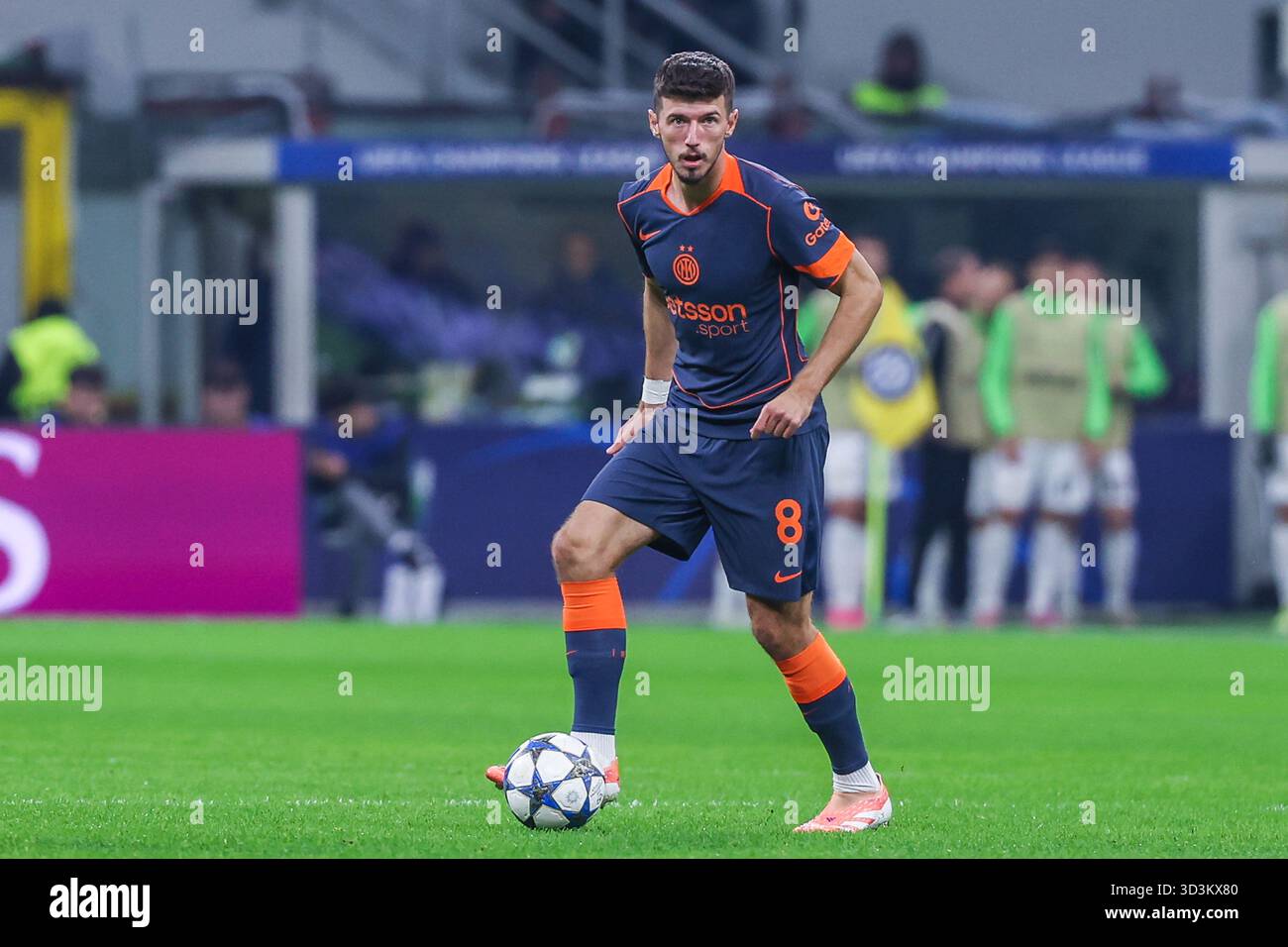 Petar Sucic of FC Internazionale seen in action during UEFA Champions League 2025/26 League Phase - Matchday 4 football match between FC Internazionale and FC Kairat Almaty at San Siro Stadium. Final scores; FC Internazionale  2 : 1 FC Kairat Almaty. Stock Photo