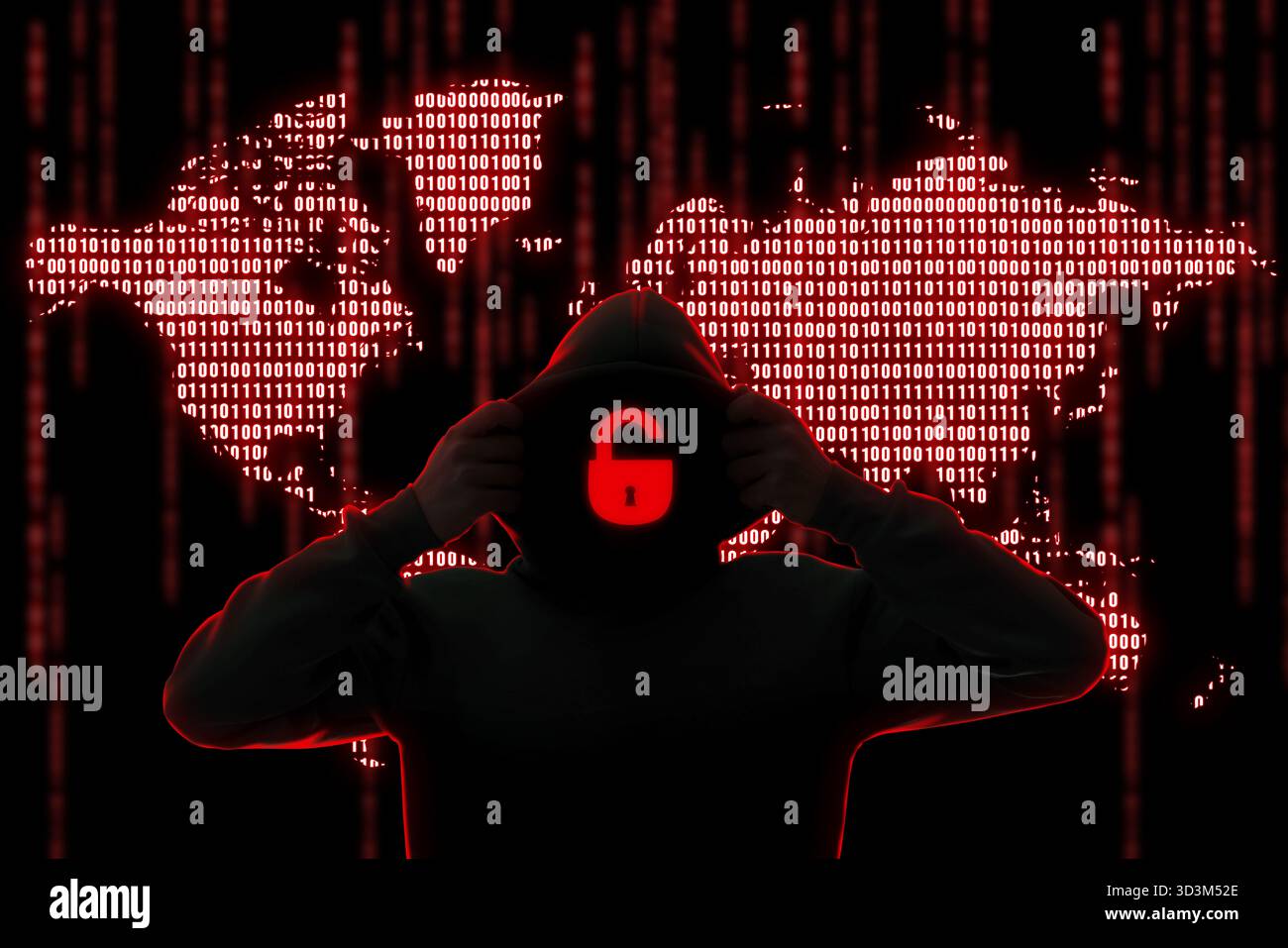 Cyber attack. Hacker with lock instead of face. World map of binary code behind him Stock Photo