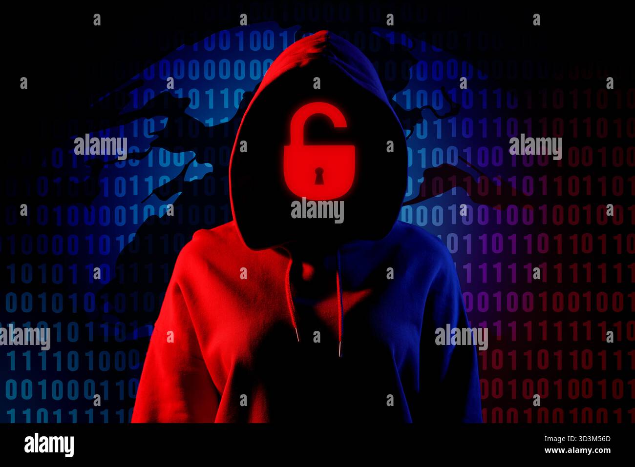 Cyber attack. Hacker with lock instead of face. Globe and binary code behind her Stock Photo
