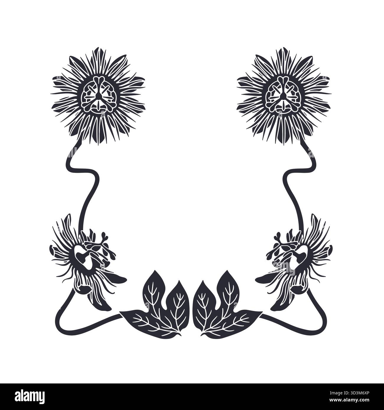 Art nouveau vintage hand drawn black and white passion flower ...