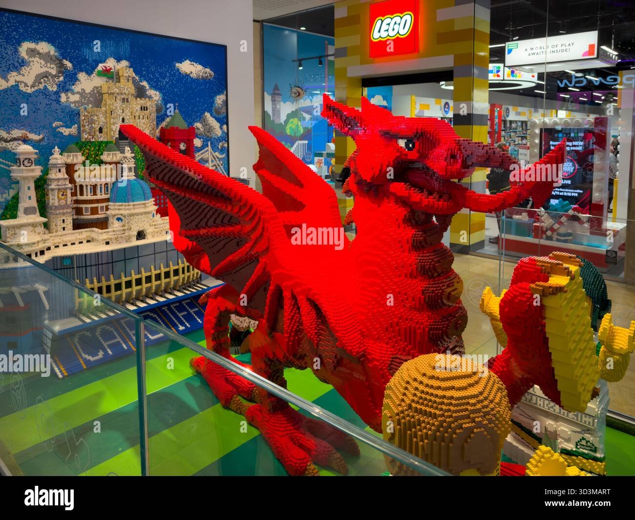 Welsh Dragon, LEGO sculpture, Cardiff, Wales, St David’s Dewi Sant, shopping centre, LEGO Store, public art, retail display, cultural icon - Smartphone Captured Stock Image