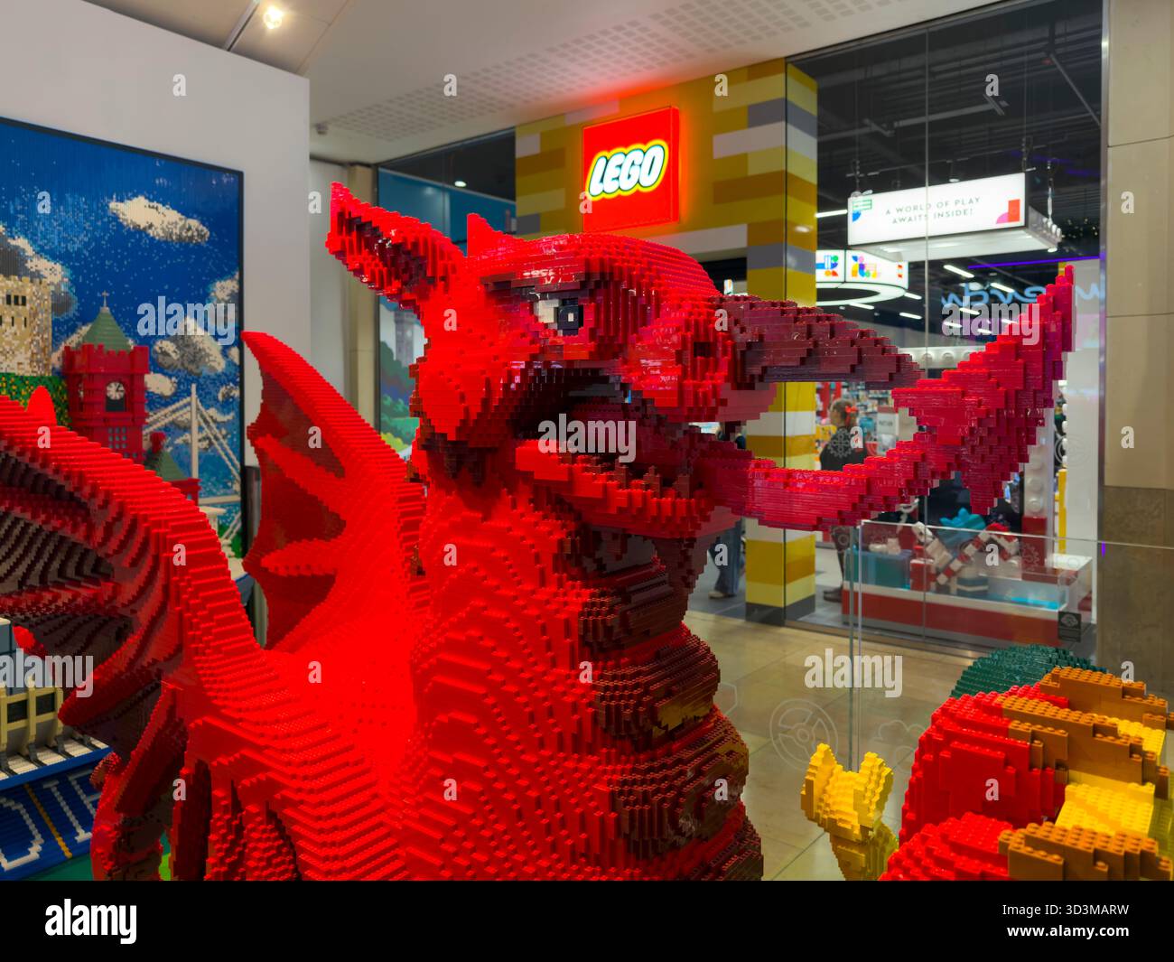 Welsh Dragon, LEGO sculpture, Cardiff, Wales, St David’s Dewi Sant, shopping centre, LEGO Store, public art, retail display, cultural icon - Smartphone Captured Stock Image