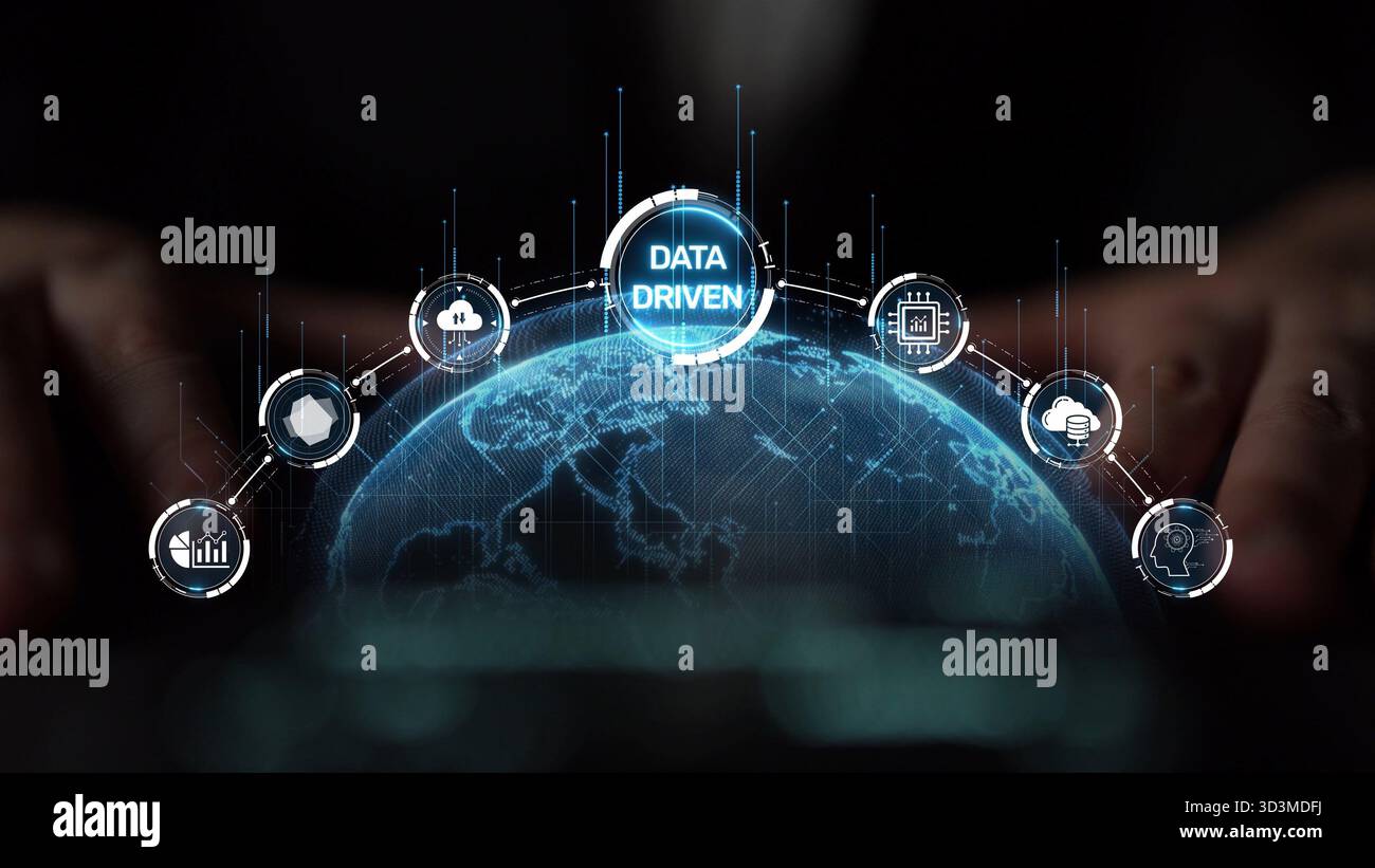 Data-driven decision-making empowers business through analytics, datum collection, and AI systems. Data driven tools support cloud data processing and Stock Photo