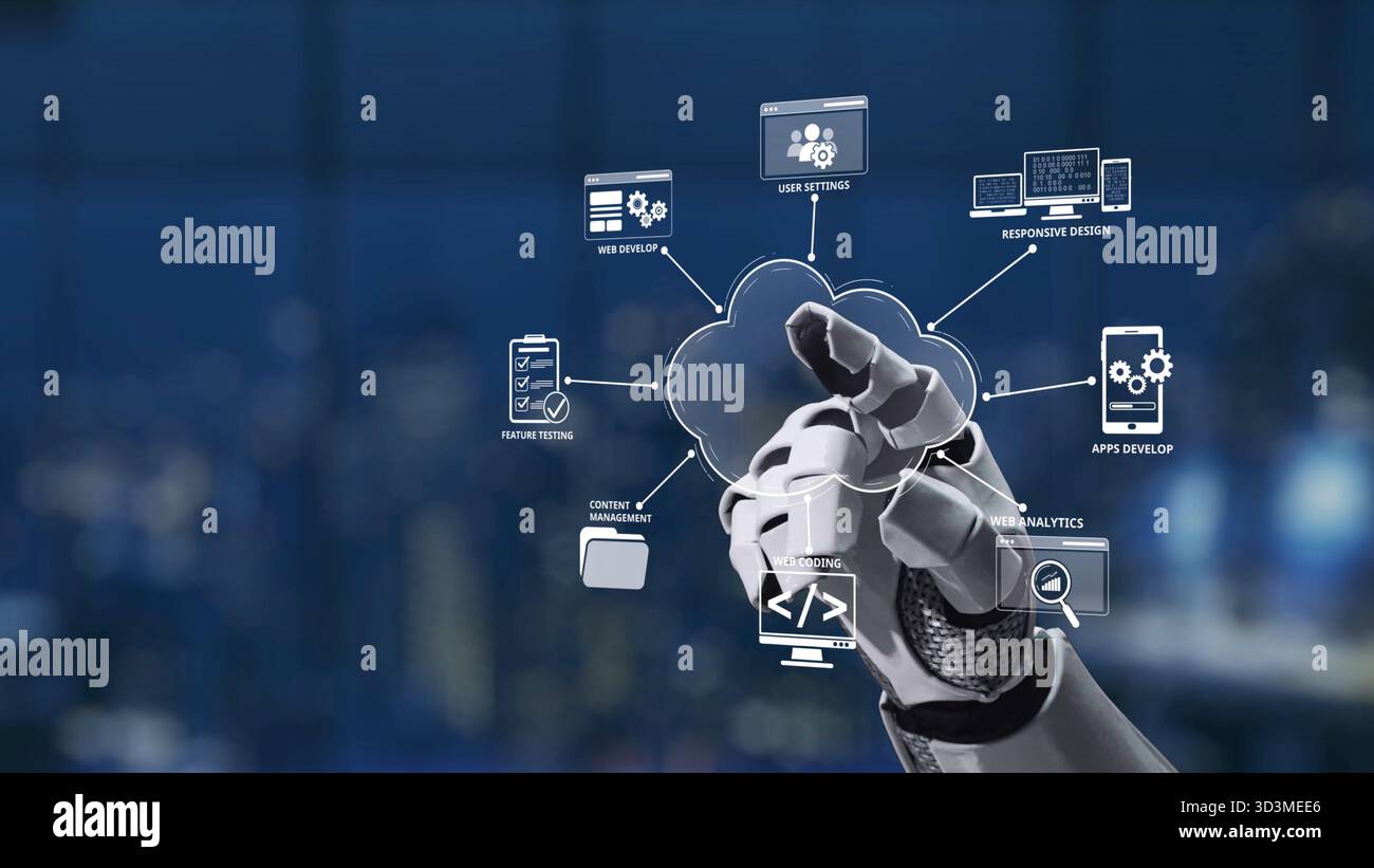 A robotic hand reaching towards cloud computing icons showcases advanced technology in a modern workspace, emphasizing innovation and user-friendly Stock Photo
