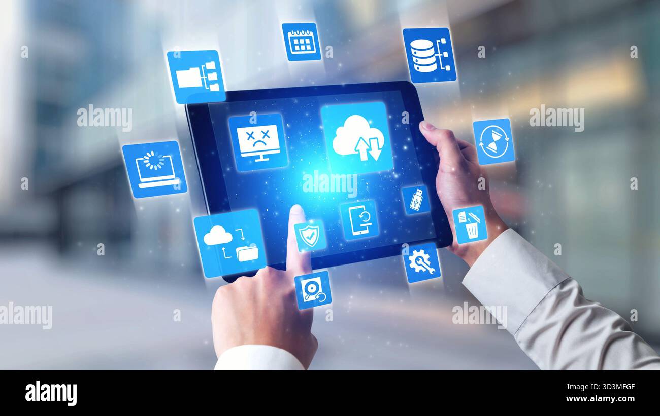 Cloud backup system connects devices through a secure data backup network. Data backup ensures protection, data backup reliability, and recovery. Gist Stock Photo