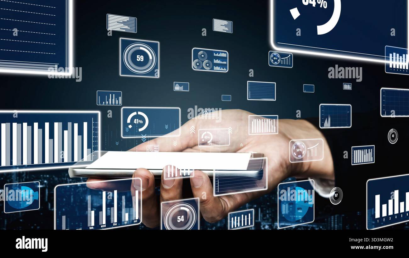 A person holds a smartphone against a backdrop of digital analytics and data visualizations, showcasing the intersection of technology and Stock Photo