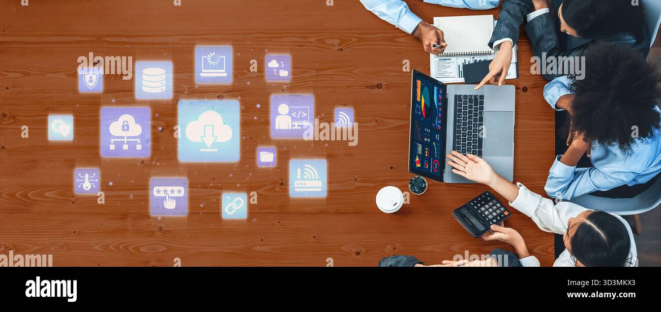 Cloud computing, cloud strategy, and cloud technology transforming digital infrastructure with scalable services, secure data storage, and cloud-based Stock Photo