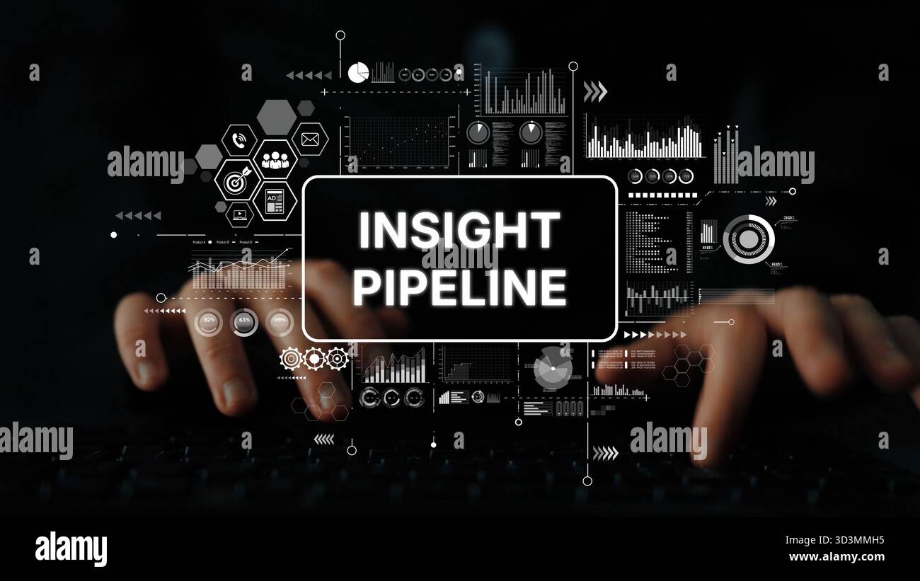 Hands Typing on Keyboard with Data Visualization Elements and Insight Pipeline Text in a Modern Digital Environment. Asymptotic smart data analytic. Stock Photo